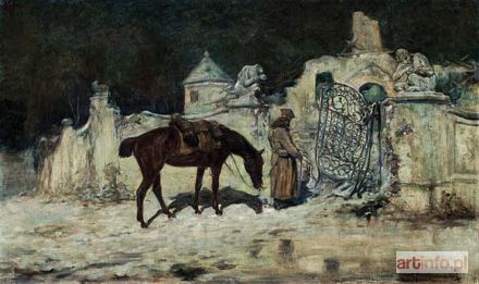 RYSZKIEWICZ Józef | UŁAN Z KONIEM PRZED BRAMĄ ZRUJNOWANEGO PAŁACU, 1917