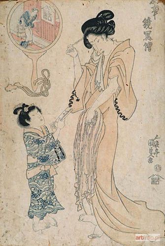 KUNISADA Utagawa (Toyokuni III) | KOBIETA WPINAJĄCA SZPILKĘ WE WŁOSY I DZIEWCZYNKA PODAJĄCA JEJ ZWITEK PAPIERU, koniec drugiej dekady XIX w.