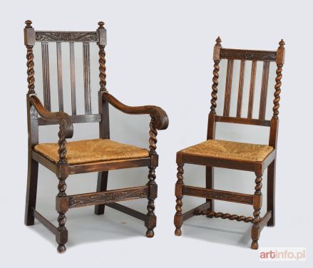 Para foteli + para krzeseł w stylu angielskim, z plecionymi siedziskami