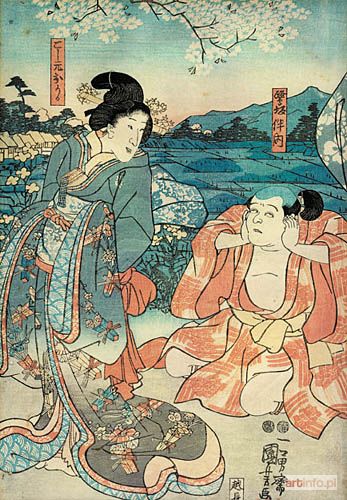 KUNIYOSHI Utagawa | UŚMIECHNIĘTA KOBIETA I PRZERAŻONY SŁUŻĄCY POD DRZEWEM WIŚNI