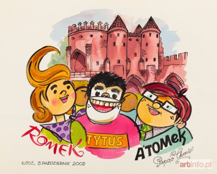 CHMIELEWSKI (Papcio Chmiel) Henryk Jerzy | Romek, Tytus i A'Tomek - ilustracja z postaciami z komiksu, 2002 r.