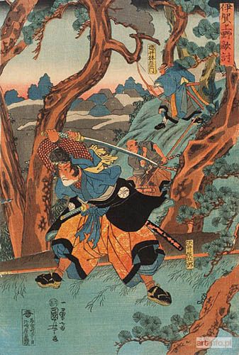 KUNIYOSHI Utagawa | LEGENDARNY BOHATER Z UNIESIONYM MIECZEM Japonia, ok. 1840 r.