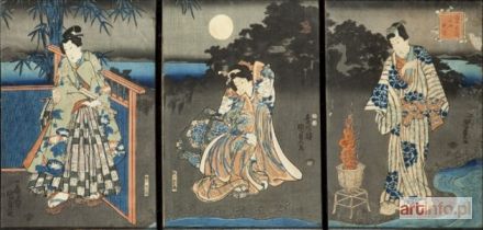 KUNISADA II Utagawa | Książe Genji z przyjaciółką podziwiają księżyc nad jeziorem Biwa