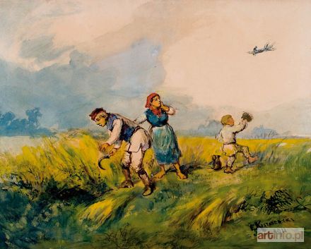 KOSTRZEWSKI Franciszek | SCENA Z ŻEŃCAMI I AEROPLANEM, 1911