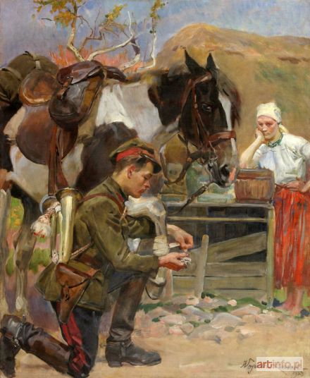 KOSSAK Wojciech | Ułan opatrujący rannego konia, 1923