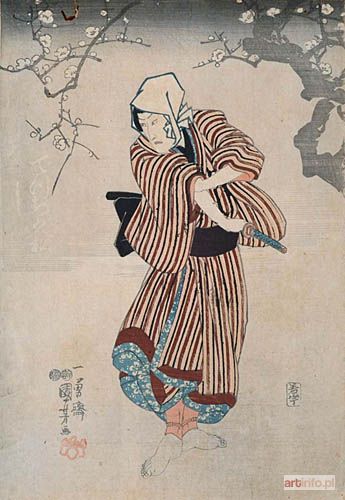 KUNIYOSHI Utagawa | NIEZNANY AKTOR W KIMONIE W PRĄŻKI STOJĄCY POD KWITNĄCĄ ŚLIWĄ(część poliptyku), początek lat 50. XIX w.