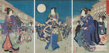 KUNISADA Utagawa (Toyokuni III) | Tryptyk - Wieczorne spotkanie w dzielnicy rozkoszy, Japonia, okres Edo, poł. XIX w.