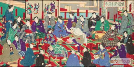 BAIDO Hosai (Utagawa Kunimasa IV) | Scena z teatru Kabuki, Haiyu Shin`nen Enkai - Świętowanie Nowego Roku przez aktora Ichikawa Danjuro IX i innych - tryptyk, 1886