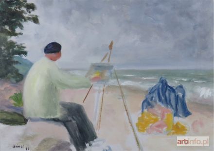 ANERI (WEISSOWA Irena) | Na plaży II – Artysta i jego modelka – Wojciech Weiss malujący nad morzem, 1935