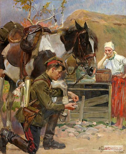 KOSSAK Wojciech | Ułan opatrujący rannego konia, 1923 r.