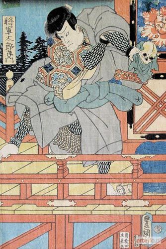 KUNISADA Utagawa (Toyokuni III) | AKTOR Z CZASZKĄ PRZY BALUSTRADZIE