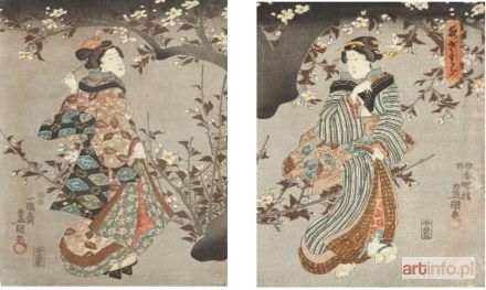 KUNISADA Utagawa | Bijinga, Piękne dziewczyny spacerujące nocą pod kwitnącym drzewem wiśni