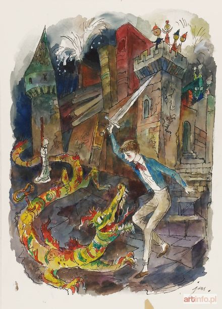 SZANCER Jan Marcin | Zabicie smoka - Ilustracja do IV rozdziału Czarodziejskiego miasta Edith Nesbit