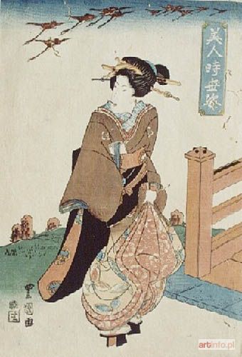 KUNISADA Utagawa (Toyokuni III) | Kobieta na spacerze z kluczem odlatujących gęsi w tle