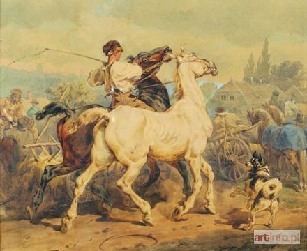 KOSSAK Juliusz | Chłopiec z dwoma końmi jedzie na jarmark, 1866