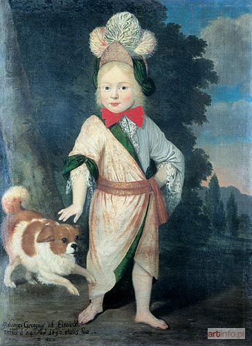 MALARZ niemiecki | PORTRET DWULETNIEGO JOHANNA GEORGA VON EINSIEDEL NA TLE PARKOWEGO PEJZAŻU, Z PIESKIEM, 1694 r.