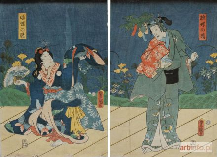 KUNISADA Utagawa | Aktorzy Nakamura Shikan IV i Sawamura Tanosuke III jako duchy motyli w sztuce Katakiuchi Amanohashidate – dyptyk