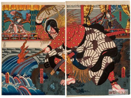 KUNISADA Utagawa (Toyokuni III) | Watanai i krew Kinshojo pod zamkiem Shishigajo, 1850