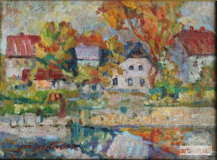 SOKOŁOWSKI Jan | Pejzaż z domami nad rzeką (1952)