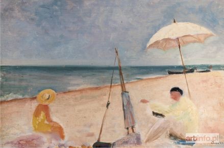 ANERI (WEISSOWA Irena) | Na plaży I - Artysta i jego modelka - Wojciech Weiss malujący nad morzem, 1935