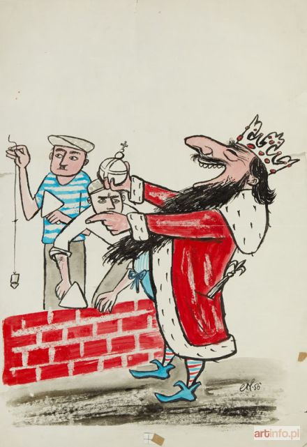 LIPIŃSKI Eryk | Ilustracja satyryczna do czasopisma Szpilki - Jak się towarzysze nauczyli ode mnie murować, tak i murują, 1956 r.