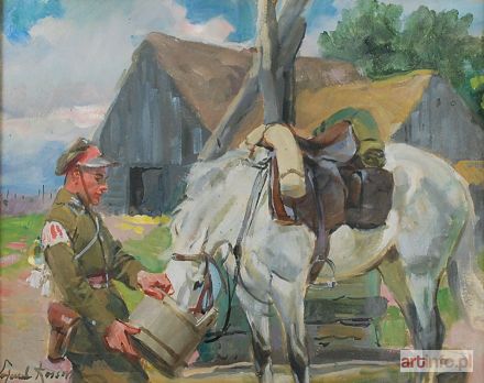 KOSSAK Wojciech | Ułan pojący konia, 1928