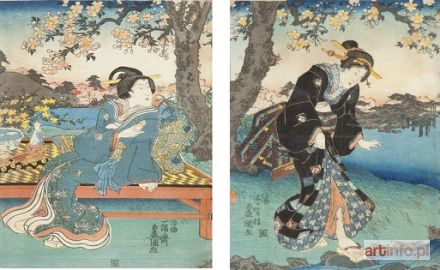 KUNISADA Utagawa | Bijinga, Piękne dziewczyny na pikniku, podziwiające kwitnące drzewa wiśni